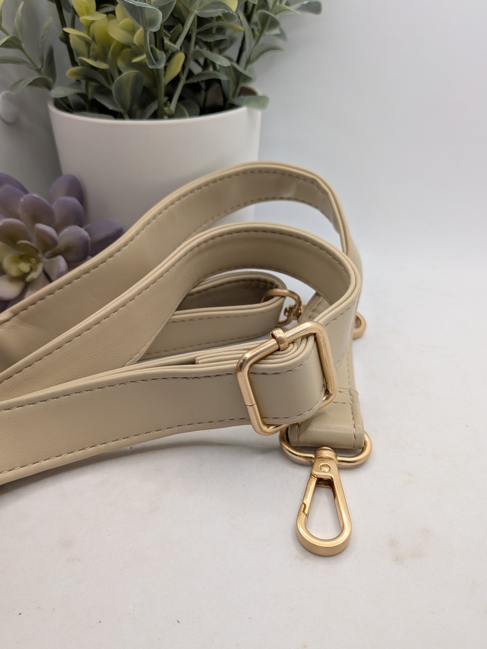 Beige Adjustable Faux Leather Bag Strap with Brushed Gold Hardware